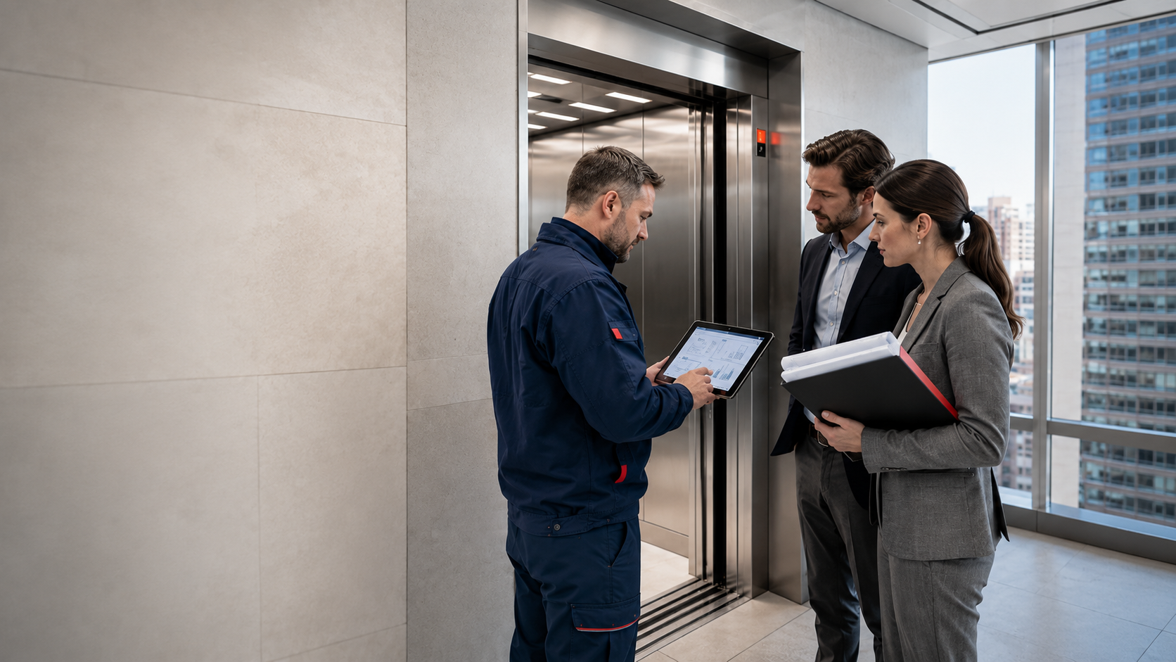 Administrador revisando la documentación técnica y normativa de un ascensor en un edificio de CABA para verificar el cumplimiento de la normativa vigente.