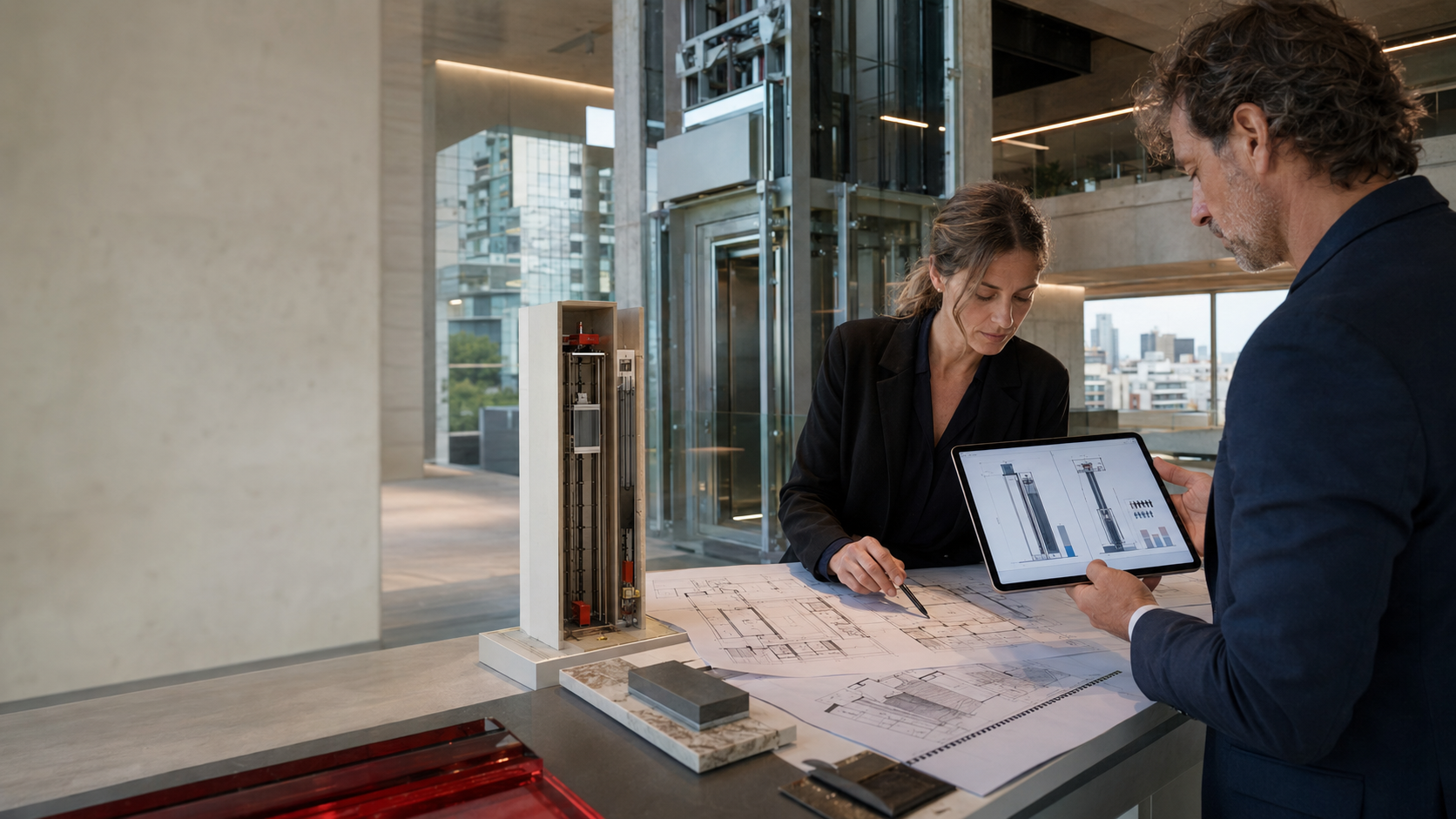 Comparación entre un ascensor gearless y un ascensor hidráulico en un proyecto inmobiliario, mostrando planos técnicos y análisis de ingeniería para elegir la mejor tecnología según altura, tráfico y costo total.