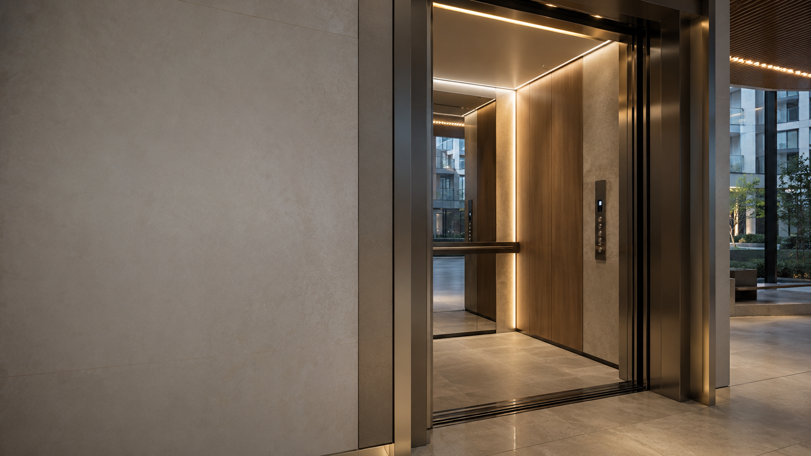 Cabina premium de ascensor con revestimientos de alta gama, iluminación LED integrada y terminaciones de diseño para un edificio residencial de categoría.